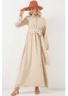 Önü Bağlamalı Keten Elbise 2574 - Bej