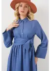 Önü Bağlamalı Keten Elbise 2574 - İndigo