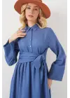 Önü Bağlamalı Keten Elbise 2574 - İndigo
