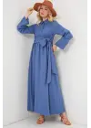 Önü Bağlamalı Keten Elbise 2574 - İndigo