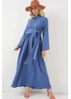 Önü Bağlamalı Keten Elbise 2574 - İndigo