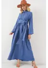 Önü Bağlamalı Keten Elbise 2574 - İndigo
