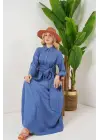 Önü Bağlamalı Keten Elbise 2574 - İndigo