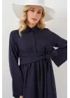 Önü Bağlamalı Keten Elbise 2574 - Lacivert