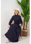 Önü Bağlamalı Keten Elbise 2574 - Lacivert