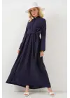 Önü Bağlamalı Keten Elbise 2574 - Lacivert