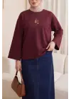 Önü Çiçek Nakışlı Yuvarlak Yaka Salaş Penye Bluz    -Bordo