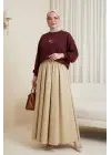 Önü Çiçek Nakışlı Yuvarlak Yaka Salaş Penye Bluz    -Bordo