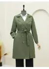 Önü Düğmeli Kuşaklı Cepli Trençkot -Haki