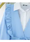Önü Fırfırlı Bağcıklı Eteği Katlı Pantolonlu Kimono Takım    -Bebe Mavi