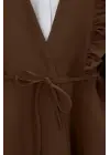 Önü Fırfırlı Bağcıklı Eteği Katlı Pantolonlu Kimono Takım     -Taba