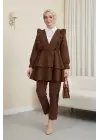 Önü Fırfırlı Bağcıklı Eteği Katlı Pantolonlu Kimono Takım     -Taba