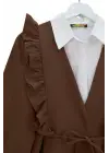 Önü Fırfırlı Bağcıklı Eteği Katlı Pantolonlu Kimono Takım     -Taba