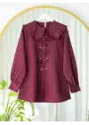 Önü Kurdele Detaylı Düğmeli Önlük Yaka Gömlek -Bordo