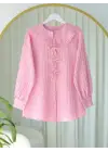Önü Kurdele Detaylı Düğmeli Önlük Yaka Gömlek -Pembe