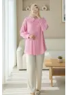 Önü Kurdele Detaylı Düğmeli Önlük Yaka Gömlek -Pembe