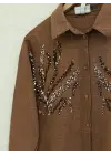 Önü Pul Payetli Uzun Gömlek    -Kahve