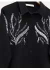 Önü Pul Payetli Uzun Gömlek -Siyah