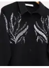 Önü Pul Payetli Uzun Gömlek -Siyah