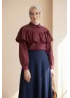 Önü Ve Omuzu Fırfır Detaylı Poplin Gömlek Bluz -Bordo