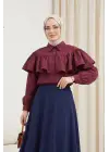 Önü Ve Omuzu Fırfır Detaylı Poplin Gömlek Bluz -Bordo