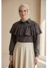 Önü Ve Omuzu Fırfır Detaylı Poplin Gömlek Bluz -K. Kahve