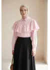 Önü Ve Omuzu Fırfır Detaylı Poplin Gömlek Bluz -Pembe
