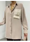 Örgü Cepli Düğmeli Ayrobin Gömlek -Açık Vizon
