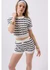 Örgü Detay Çizgili Crop Bluz