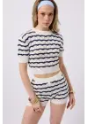 Örgü Detay Çizgili Crop Bluz