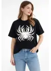 Örümcek Baskılı Tişört Kısa Kollu Bisiklet Yaka T-Shirt - Siyah