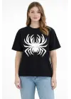 Örümcek Baskılı Tişört Kısa Kollu Bisiklet Yaka T-Shirt - Siyah