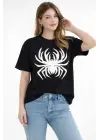 Örümcek Baskılı Tişört Kısa Kollu Bisiklet Yaka T-Shirt - Siyah