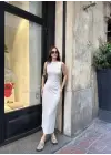 Osy Modal Yumuşak Dokulu Kumaş Bisiklet Yaka Sıfır Kolsuz Yırtmaçlı Uzun Elbise - Beyaz