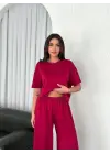 Osy Modal Yumuşak Dokulu Kumaş Bisiklet Yaka T-shirt Bol Paça Pantalon Ikili Takım -Bordo