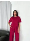 Osy Modal Yumuşak Dokulu Kumaş Bisiklet Yaka T-shirt Bol Paça Pantalon Ikili Takım -Bordo