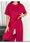 Osy Modal Yumuşak Dokulu Kumaş Bisiklet Yaka T-shirt Bol Paça Pantalon Ikili Takım -Bordo