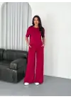 Osy Modal Yumuşak Dokulu Kumaş Bisiklet Yaka T-shirt Bol Paça Pantalon Ikili Takım -Bordo