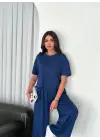 Osy Modal Yumuşak Dokulu Kumaş Bisiklet Yaka T-shirt Bol Paça Pantalon Ikili Takım -Saks Mavi