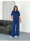 Osy Modal Yumuşak Dokulu Kumaş Bisiklet Yaka T-shirt Bol Paça Pantalon Ikili Takım -Saks Mavi