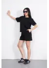 Osy Modal Yumuşak Dokulu Kumaş Bisiklet Yaka T-shirt Kısa Şort İkili Takım - Siyah