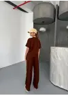 Omarı Modal Kumaş Yumuşak Dokulu Bluz ve Pantolon Takımı - Kahverengi