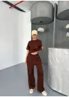 Osy Modal Yumuşak Dokulu Kumaş Kısa Kollu Bluz Rahat Pantalon Ikili Takım- Kahverengi