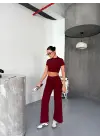 Bordo Kısa Kollu Crop Alt Ispanyol Paça Pantalon Kadın Giyim