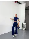 Osy Modal Yumuşak Dokulu Kumaş Kısa Kollu Crop Alt Ispanyol Paça Pantalon Ikili Takım - Lacivert