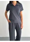 Osy Modal Yumuşak Dokulu Kumaş Kısa Kollu Yakalı T-shirt Pantalon Ikili Takım- Antrasit