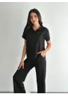 Osy Modal Yumuşak Dokulu Kumaş Kısa Kollu Yakalı T-shirt Pantalon Ikili Takım- Siyah