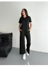 Osy Modal Yumuşak Dokulu Kumaş Kısa Kollu Yakalı T-shirt Pantalon Ikili Takım- Siyah
