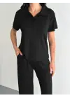 Osy Modal Yumuşak Dokulu Kumaş Kısa Kollu Yakalı T-shirt Pantalon Ikili Takım- Siyah