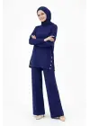 Osy Modal Yumuşak Dokulu Kumaş Modern Tesettür Takım Yandan Metal Çıtçıtlı Uzun Tunik Pantolon Set Salaş Kalıp - Lacivert